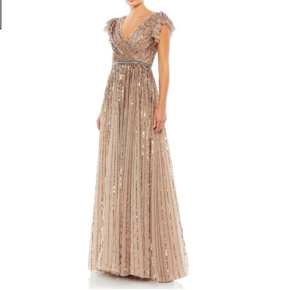 NWT Mac Duggal Sequined Wrap Over Ruffled Cap Sleeve Gown 5502 - Picture 1 of 12
